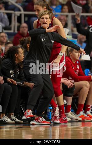 Albany, New York, USA. März 2024. Indiana Head Coach TERI MOREN drückt ihr Unglück mit einem Anruf während des NCAA Women's Basketball Tournament Albany 1 Regional Halbfinales 2024 in der MVP Arena in Albany, N.Y. aus (Credit Image: © Scott Rausenberger/ZUMA Press Wire). Nicht für kommerzielle ZWECKE! Stockfoto