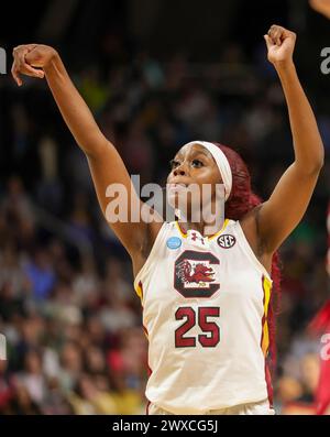 Albany, New York, USA. März 2024. Der US-amerikanische Wärter RAVEN JOHNSON (25) macht einen Freiwurf-Versuch Ende der zweiten Halbzeit während des NCAA Women's Basketball Tournament Albany 1 Regional Halbfinales 2024 in der MVP Arena in Albany, N.Y. (Credit Image: © Scott Rausenberger/ZUMA Press Wire) NUR ZUR REDAKTIONELLEN VERWENDUNG! Nicht für kommerzielle ZWECKE! Stockfoto