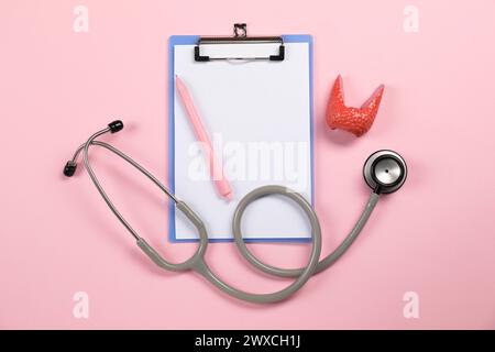 Endokrinologie. Stethoskop, Clipboard, Modell der Schilddrüse und Stift auf rosa Hintergrund, flache Lage Stockfoto