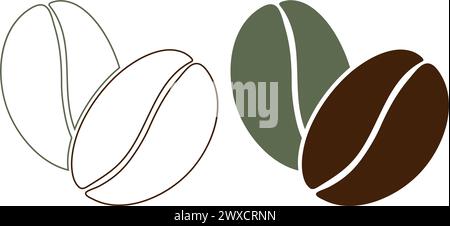 Silhouette und Konturzeichnung von Kaffeebohnen. 2er-Set. Logo-Symbol Aufkleber Grußdesign-Element. Isolieren. EPS. Vektor-Design-Konzept für Karten, Poster, Banner, Broschüren, Preisschilder, Label oder Web Stock Vektor
