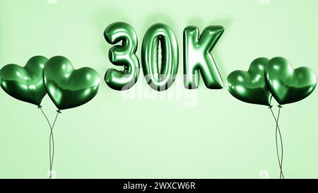 30k, 30000 Follower, Abonnenten, mag Feiertagshintergrund mit herzförmigen Heliumluftballons und Ballontexten auf hellgrünem Hintergrund 8k Stockfoto