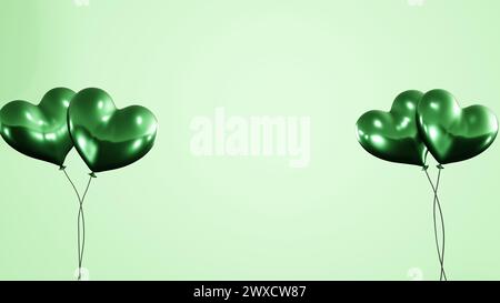 Abstrakter hellgrüner Hintergrund mit herzförmigen grünen Ballons 8k Illustration. Stockfoto