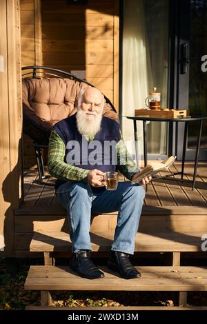 Der alte Mann sitzt mit einem Buch auf der Veranda des Landhauses Stockfoto