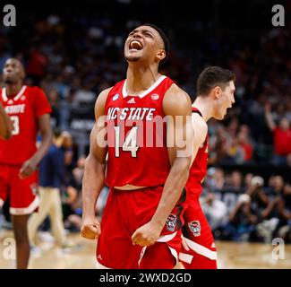 Dallas, Texas, USA. März 2024. NC State Guard CASEY. MORSELL (14) reagiert nach einem Spiel im NCAA Men's Basketball Tournament Regional Semifinale zwischen NC State und Marquette am 29. März 2024. NC State gewann 67–58. (Kreditbild: © Scott Coleman/ZUMA Press Wire) NUR REDAKTIONELLE VERWENDUNG! Nicht für kommerzielle ZWECKE! Stockfoto