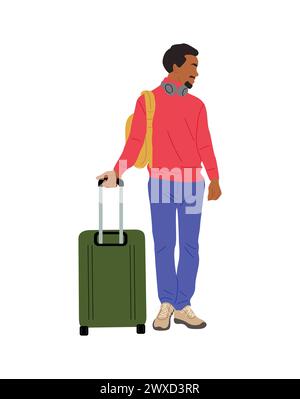 Schwarzer Mann Tourist steht mit Koffer isoliert. Stock Vektor