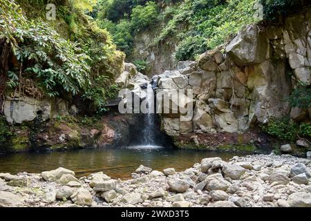 Kleiner Wasserfall, der einen kleinen See bildet, im Parque Natural da Ribeira Dos Caldeiroes, Sao Miguel, Azoren, Portugal. Stockfoto