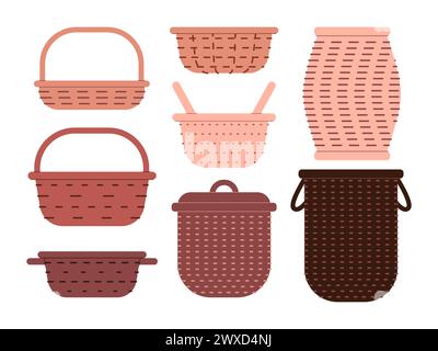 Verschiedene braune Korb aus Korb handgefertigter traditioneller Handarbeit leerer Behälter Stock Vektor