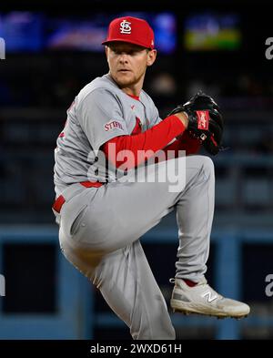 Los Angeles, Usa. März 2024. St. Zack Thompson, der mit Louis Cardinals startet, liefert am Freitag, den 29. März 2024, im Dodger Stadium in Los Angeles gegen die Los Angeles Dodgers. Foto: Jim Ruymen/UPI Credit: UPI/Alamy Live News Stockfoto