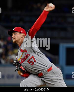 Los Angeles, Usa. März 2024. St. Zack Thompson, der mit Louis Cardinals startet, liefert am Freitag, den 29. März 2024, im Dodger Stadium in Los Angeles gegen die Los Angeles Dodgers. Foto: Jim Ruymen/UPI Credit: UPI/Alamy Live News Stockfoto