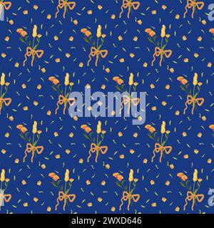 Blaues nahtloses Muster mit wilden Blumen. Herbstblumenhintergrund im Retro-Stil. Dekorierter Hintergrund für Tapeten und Stoff mit einem Strauß. Für Bettwäsche, Stoff und Kleidung. Vektorabbildung Stock Vektor