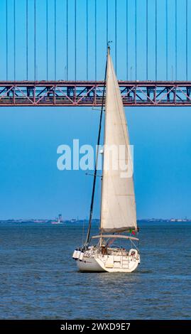 Touristische Erholungssegelboot Segeln auf der roten Stahlbrücke 25 de Abril über den Tejo Fluss in der Stadt Lissabon, Portugal, unter einem klaren Himmel Stockfoto