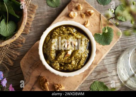 Grüne Pesto-Sauce aus frischen jungen Knoblauchsenfblättern - wilde essbare Pflanze, die im Frühjahr gesammelt wird Stockfoto