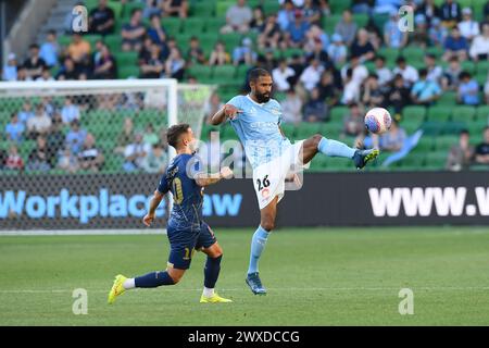 MELBOURNE, AUSTRALIEN 30. März 2024. Melbourne City Verteidiger Samuel Souprayen (26) (rechts) in der A League Men Round 22 Melbourne City gegen Newcastle United Jets im AAMI Park, Melbourne, Australien. Quelle: Karl Phillipson/Alamy Live News Stockfoto