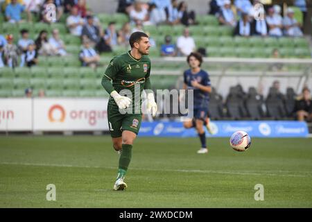 MELBOURNE, AUSTRALIEN 30. März 2024. Newcastle United Jets Torhüter Ryan Scott(1) in der A League Men Round 22 Melbourne City gegen Newcastle United Jets im AAMI Park, Melbourne, Australien. Quelle: Karl Phillipson/Alamy Live News Stockfoto