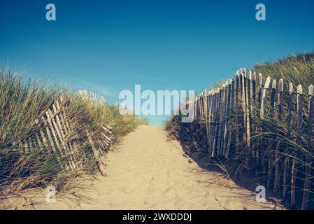 Wackeliger Zaun auf dem Sanddünenweg Stockfoto