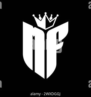 MF-Letter-Monogramm mit Schildform mit kronenförmiger schwarzer und weißer Farbvorlage Stockfoto