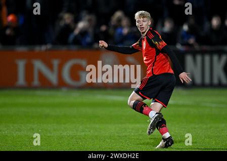 Kobe Corbanie (2) aus Belgien, dargestellt während eines Fußballspiels zwischen den belgischen U19-Nationalmannschaften und den Niederlanden am 3. Spieltag in der Gruppe 2 der UEFA-U19-Elite-Runde am Donnerstag, den 26. März 2024 in Veendam , Niederlande . FOTO SPORTPIX | David Catry Stockfoto