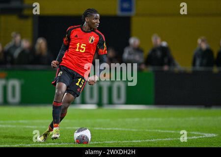 Madi Nsosemo (15) aus Belgien, dargestellt während eines Fußballspiels zwischen den belgischen U19-Nationalmannschaften und den Niederlanden am 3. Spieltag in der Gruppe 2 der UEFA-U19-Elite-Runde am Donnerstag, den 26. März 2024 in Veendam , Niederlande . FOTO SPORTPIX | David Catry Stockfoto