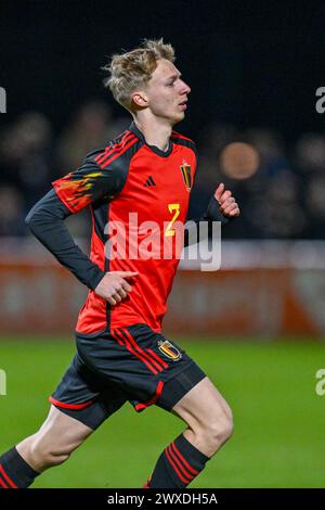 Kobe Corbanie (2) aus Belgien, dargestellt während eines Fußballspiels zwischen den belgischen U19-Nationalmannschaften und den Niederlanden am 3. Spieltag in der Gruppe 2 der UEFA-U19-Elite-Runde am Donnerstag, den 26. März 2024 in Veendam , Niederlande . FOTO SPORTPIX | David Catry Stockfoto