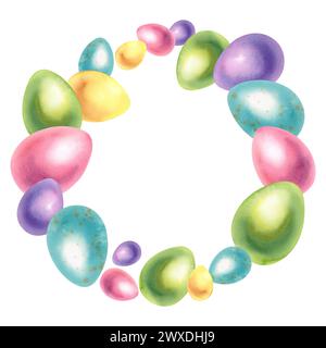 Ein Aquarellkranz aus bunten Ostereiern. Ein realistischer handgezeichneter Kranz in Gelb, Rosa, Lila, Grün und Blau. Isoliert auf einem weißen Hintergrund Stockfoto