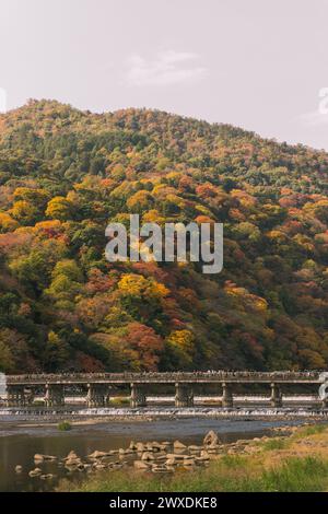 Arashiyama, Kyoto, Herbstlaub auf Hügeln in der Landschaft mit Togetsu-kyo-Brücke. Herbstfarben mit Ahornbäumen. Stockfoto