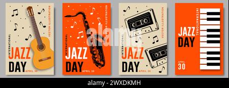 Jazztag. Hintergrundvorlage für Poster für Musikfestival. Klassische Holzgitarre, Klaviertastatur, Saxophon, Audiokassettenband, Event-Flyer-Design Stock Vektor