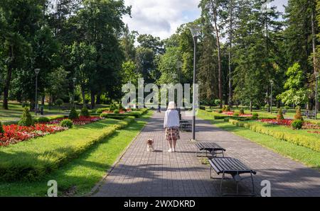 Frau und Hund - Kavalier King Charles Spaniel - spazieren in einem öffentlichen Park mit üppigen Blumen, Pflanzen, Gras und Bäumen Stockfoto