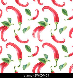 Nahtloses Aquarellmuster mit pflanzlicher roter, heißer Chili-Pfeffer in Nahaufnahme auf weißem Hintergrund. Gesundes Gemüse. Scharfe Gerichte. Handgezeichnetes Illustrat Stockfoto