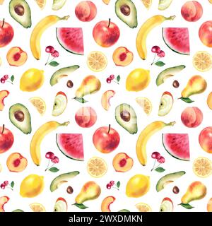 Aquarellmuster von Früchten: Wassermelone, Banane, Kirsche, Apfel, Pfirsich, Avocado, Zitrone. Handgezeichnete Abbildung. Clipart, Vorlage für Printi Stockfoto