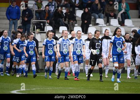 Oostakker, Belgien. 30. März 2024. Gent wurde vor einem Frauenfußballspiel zwischen KAA Gent und OH Leuven am 2. Spieltag von PO1 in der Saison 2023-2024 der Belgischen Lotto Womens Super League am Samstag, den 24. März 2024 in Oostakker, BELGIEN, dargestellt. Quelle: Sportpix/Alamy Live News Stockfoto
