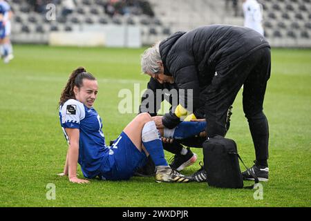 Oostakker, Belgien. 30. März 2024. Jasmien Mathys (12) von AA Gent, dargestellt während eines Frauenfußballspiels zwischen KAA Gent und OH Leuven am 2. Spieltag von PO1 in der Saison 2023-2024 der belgischen Lotto Womens Super League, am Samstag, den 24. März 2024 in Oostakker, BELGIEN. Quelle: Sportpix/Alamy Live News Stockfoto