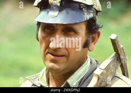 Die Sozialistische Republik Rumänien in den 1970er Jahren Porträt eines Bergarbeiters in einem Schutzhelm mit einem Stangenhaken auf der Schulter. Stockfoto