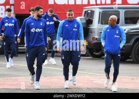 Felipe, Murillo und Danilo aus Nottingham Forest während des Premier League-Spiels zwischen Nottingham Forest und Crystal Palace auf dem City Ground, Nottingham, am Samstag, den 30. März 2024. (Foto: Jon Hobley | MI News) Credit: MI News & Sport /Alamy Live News Stockfoto