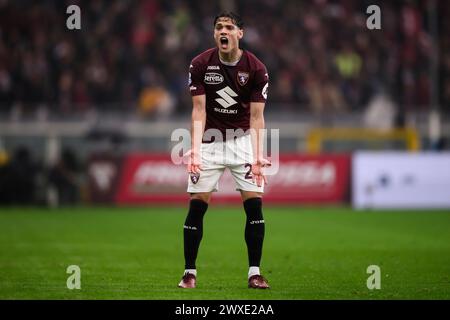 Turin, Italien. 30. März 2024. Samuele Ricci von Torino FC reagiert während des Fußballspiels der Serie A zwischen Torino FC und AC Monza. Quelle: Nicolò Campo/Alamy Live News Stockfoto