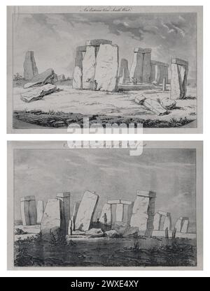 Ein Arrangement von zwei Lithographien aus dem 19. Jahrhundert von Stonehenge. Stonehenge ist ein prähistorisches Denkmal auf der Salisbury Plain in Wiltshire, England, drei Meilen westlich von Amesbury. Er besteht aus einem äußeren Ring aus vertikalen Sarsensteinen, die jeweils etwa 13 Fuß hoch, sieben Fuß breit und etwa 25 Tonnen schwer sind und von horizontalen Sturzsteinen gekrönt werden Stockfoto
