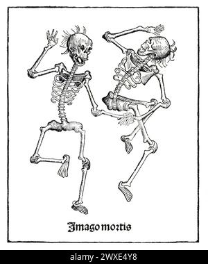 Einzigartige modifizierte Version eines antiken Buchdruckes tanzender Skelette. Imago mortis der Holzschnitt wird als Buchillustration in Hartmann Schedels Liber Chronicarum (oder Nürnberger Chronik) verwendet, das 1493 in lateinischer und deutscher Sprache veröffentlicht wurde. Druckerei: Werkstatt von Michel Wolgemut und Wilhelm Pleydenwurff, Nürnburg, Deutschland. Stockfoto