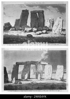 Zwei lithographische Drucke aus dem 19. Jahrhundert von Stonehenge. Stonehenge ist ein prähistorisches Denkmal auf der Salisbury Plain in Wiltshire, England, drei Meilen westlich von Amesbury. Er besteht aus einem äußeren Ring aus vertikalen Sarsensteinen, die jeweils etwa 13 Fuß hoch, sieben Fuß breit und etwa 25 Tonnen schwer sind und von horizontalen Sturzsteinen gekrönt werden Stockfoto