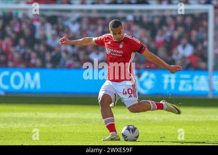 Nottingham, Großbritannien. 30. März 2024. Murillo of Nottingham Forest hat den Ball während des Premier League-Spiels Nottingham Forest gegen Crystal Palace am 30. März 2024 in Nottingham, Großbritannien, am 30. März 2024 in Nottingham, Großbritannien. (Foto: Gareth Evans/News Images/SIPA USA) Credit: SIPA USA/Alamy Live News Stockfoto