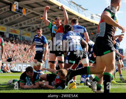 Harlequins’ Alex Dombrandt (links) erzielt ihren vierten Versuch, als Stephan Lewies während des Gallagher Premiership Matches in Twickenham Stoop, London, feiert. Bilddatum: Samstag, 30. März 2024. Stockfoto