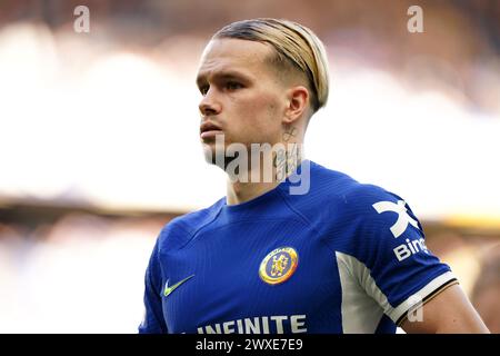 Chelsea's Mykhaylo Mudryk während des Premier League Spiels in Stamford Bridge, London. Bilddatum: Samstag, 30. März 2024. Stockfoto