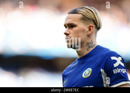 Chelsea's Mykhaylo Mudryk während des Premier League Spiels in Stamford Bridge, London. Bilddatum: Samstag, 30. März 2024. Stockfoto