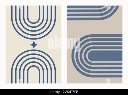 Zen-Bogen-Set. Minimalistische Kunstwerke mit abstrakten geometrischen Formen. Blaue einfache Figuren auf beigefarbenem Hintergrund Stock Vektor