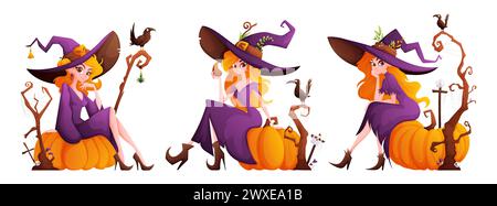 Halloween Hexen Set. Eine Hexe mit süßem Look, orangefarbenen Haaren, einem lila Kleid und einem großen lila Hut sitzt auf einem riesigen Kürbis. Alter getrockneter Baum, Kreuze Stock Vektor