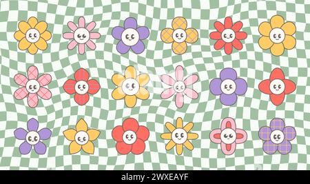 Sommer süße groovige Blumen Kopf Aufkleber Set. Lustige Retro-Zeichentrickfiguren, Gänseblümchen, Kamille. Stock Vektor