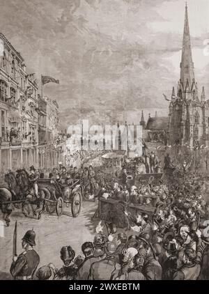 Königin Victoria besuchte 1887 den Bull Ring in Birmingham, um das Goldene Jubiläum zu feiern. Aus der Graphic Illustrated Weekly Zeitung, gedruckt 1887. Stockfoto