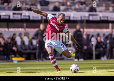 Newcastle upon Tyne, Großbritannien. 30. März 2024. Newcastle, England, 30. März 2024: Michail Antonio of West Ham dreht während des Premier League-Fußballspiels zwischen Newcastle United und West Ham United im St. James Park in Newcastle, England (Richard Callis/SPP). /Alamy Live News Stockfoto