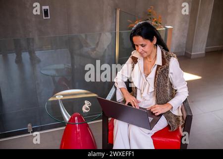 Elegante und schöne Frau mittleren Alters telearbeitet mit einem Laptop in einem modernen Wohnzimmer mit roten Details. Sie arbeitet konzentriert auf ihr l Stockfoto