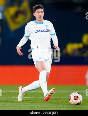 Villarreal, Spanien. März 2024. Leonardo Balerdi von Olympique Marseille spielte am 14. März 2024 im La Ceramica Stadion in Villarreal, Spanien, während des Achtelfinale zwischen Villarreal CF und Olimpique Marseille. (Foto: Sergio Ruiz/PRESSINPHOTO) Credit: PRESSINPHOTO SPORTS AGENCY/Alamy Live News Stockfoto