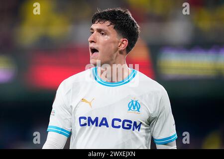 Villarreal, Spanien. März 2024. Leonardo Balerdi von Olympique Marseille spielte am 14. März 2024 im La Ceramica Stadion in Villarreal, Spanien, während des Achtelfinale zwischen Villarreal CF und Olimpique Marseille. (Foto: Sergio Ruiz/PRESSINPHOTO) Credit: PRESSINPHOTO SPORTS AGENCY/Alamy Live News Stockfoto