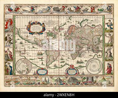 Willem Joan Blaeu's World Map, 1635. Vintage Pictorial Weltkarte aus dem 17. Jahrhundert Stockfoto